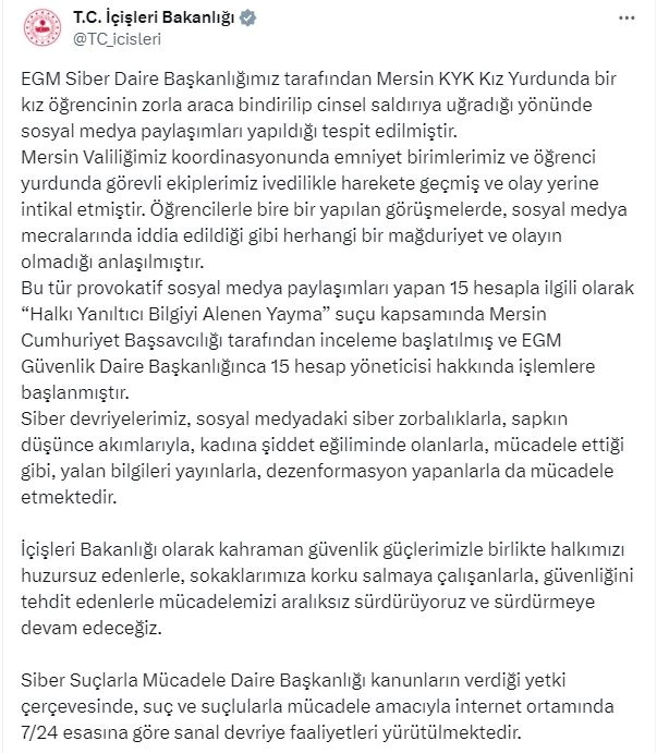 İçişleri: Asılsız taciz paylaşımı yapan 15 hesap yöneticisine işlem başlatıldı