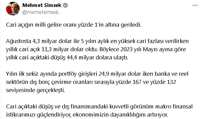 Bakan Şimşek: Cari açığın milli gelire oranı yüzde 1