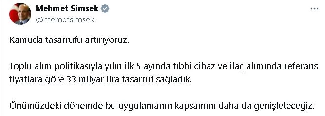 Bakan Şimşek: Tıbbi cihaz ve ilaç alımında 33 milyar lira tasarruf sağladık