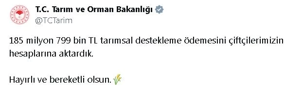 Bakanlık: 185,7 milyon lira tarımsal destekleme ödemesi çiftçilerin hesaplarına aktarıldı