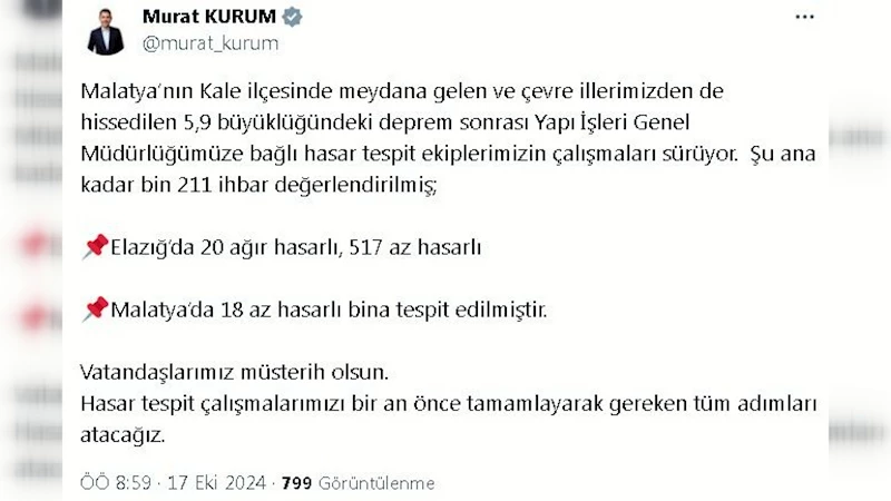 Bakan Kurum: Elazığ