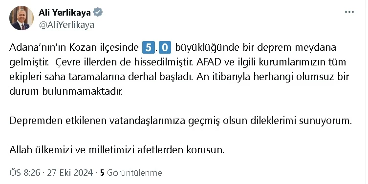 Adana 5.0 büyüklüğündeki depremle sallandı