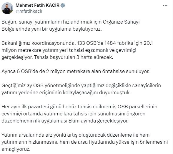 Bakan Kacır: 133 OSB