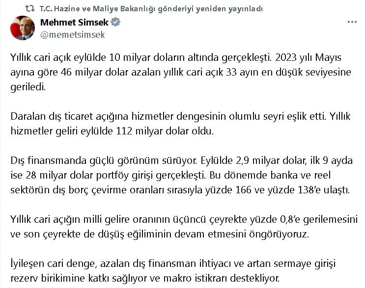 Bakan Şimşek: Yıllık cari açık 33 ayın en düşük seviyesine geriledi