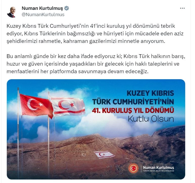 TBMM Başkanı Kurtulmuş: Kıbrıs Türk halkının menfaatlerini her platformda savunmaya devam edeceğiz