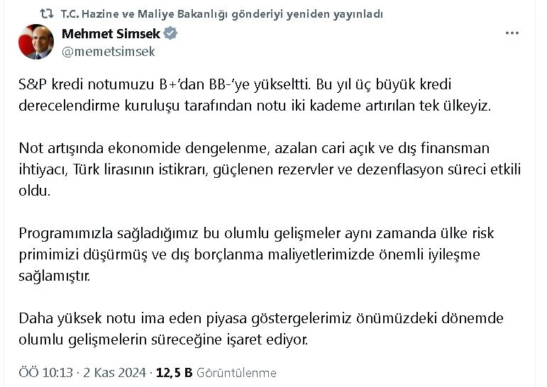 Bakan Şimşek: S&P, kredi notumuzu B+