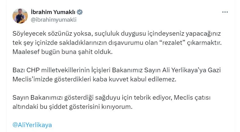 Bakan Yumaklı: Meclis çatısı altındaki bu şiddet gösterisini kınıyorum