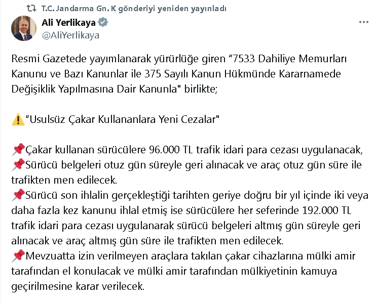 Bakan Yerlikaya: Usulsüz çakar kullananlara 96 bin lira ceza uygulanacak