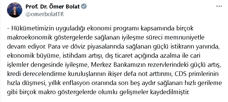 Bakan Bolat: Makroekonomik göstergelerde iyileşme süreci devam ediyor