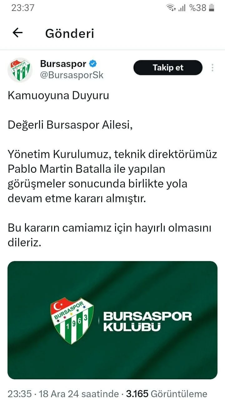 Bursaspor, Pablo Martin Batalla ile tekrardan yola devam kararı aldı