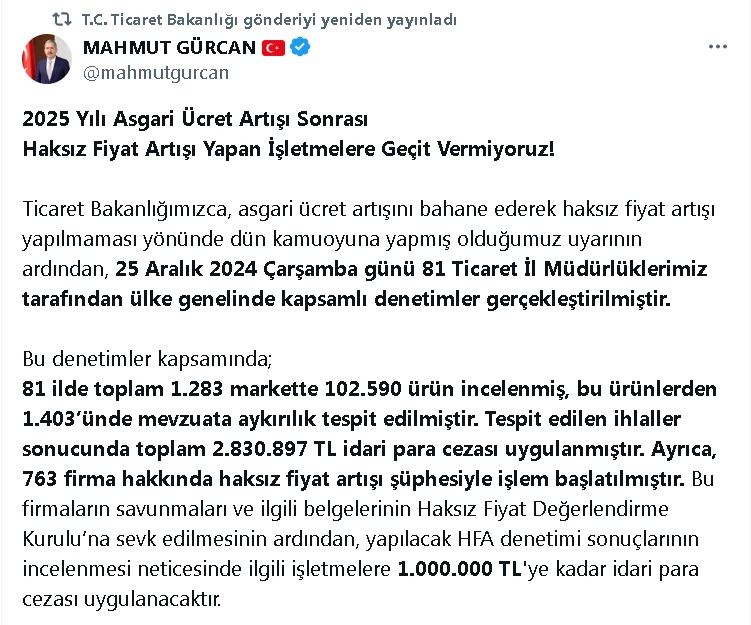 Haksız fiyat artışı denetimlerinde 2,8 milyon lira para cezası uygulandı