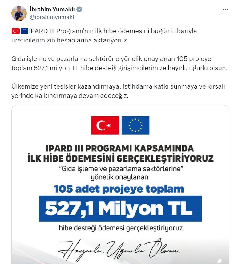 Bakanlıktan 105 projeye toplam 527,1 milyon TL hibe