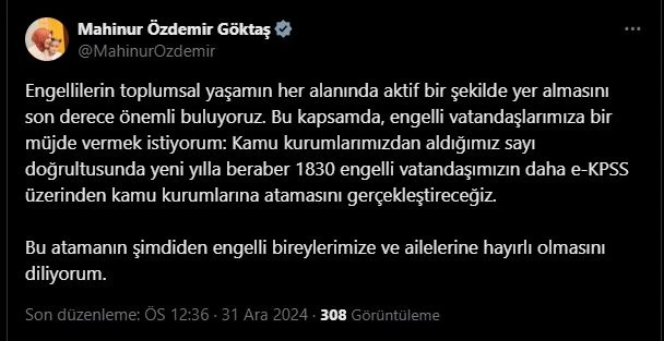 Bakan Göktaş: EKPSS ile 1830 engelli vatandaşımızın atamasını gerçekleştireceğiz