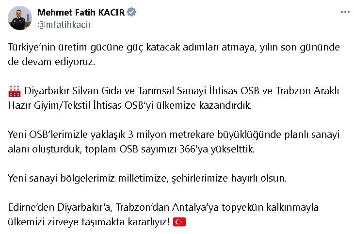 Bakan Kacır: Toplam OSB sayımızı 366