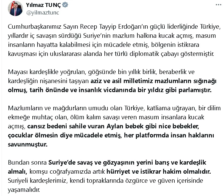 Bakan Tunç: Suriyeli kardeşlerimiz, kendi topraklarında güven içerisinde yaşamalı