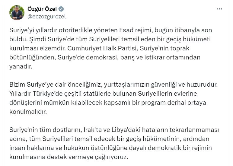 Özgür Özel: Suriyelilerin dönüşlerini mümkün kılabilecek bir program derhal ortaya konulmalı