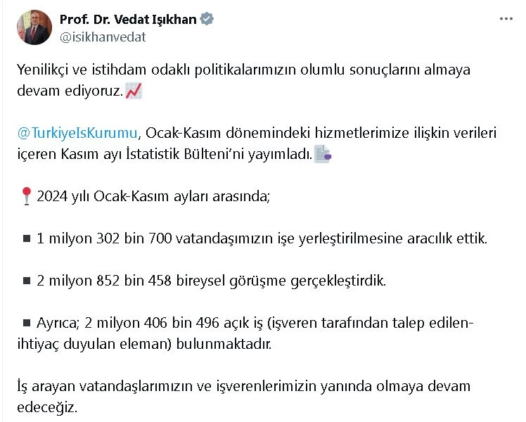 Bakan Işıkhan: 1,3 milyon kişinin işe yerleşmesine aracılık ettik