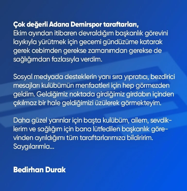 Adana Demirspor Başkanı Durak, istifa etti