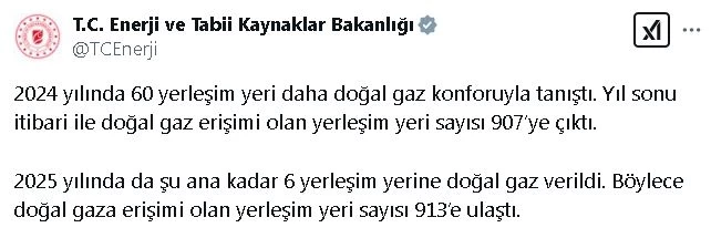 Doğal gaza erişimi olan yerleşim yeri sayısı 913