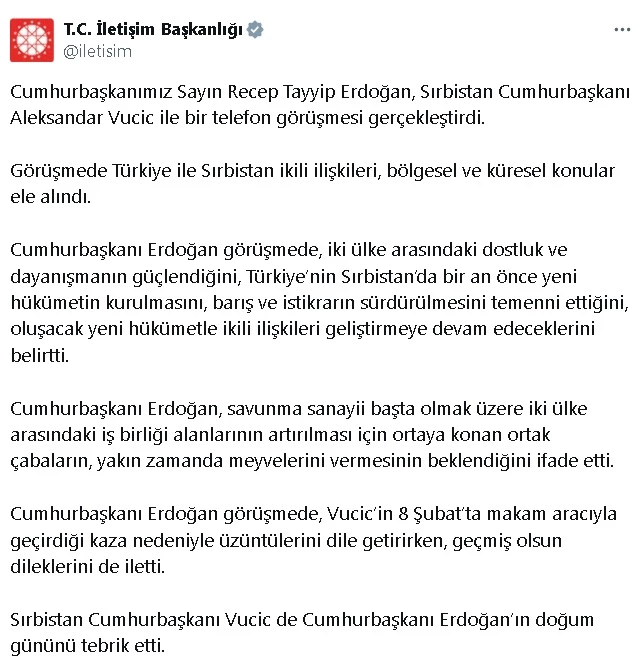 Cumhurbaşkanı Erdoğan, Sırp mevkidaşı Vucic ile görüştü