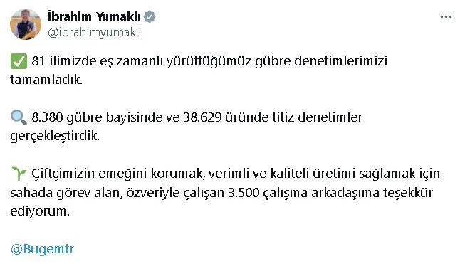 Bakan Yumaklı: 81 ilimizde gübre denetimlerimizi tamamladık