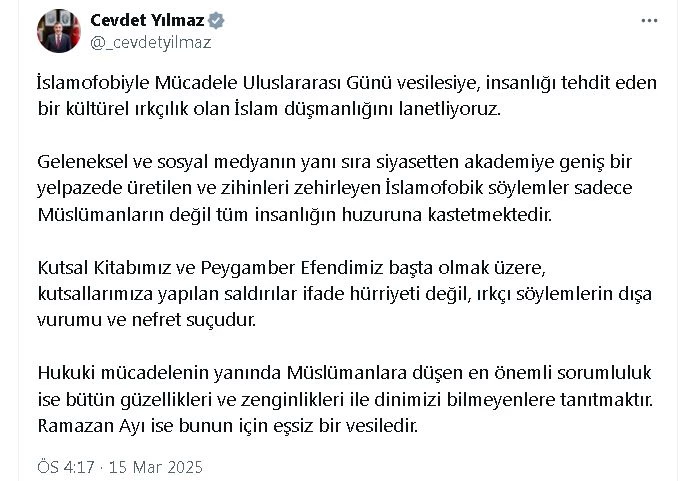 Cevdet Yılmaz: Kültürel ırkçılık olan İslam düşmanlığını lanetliyoruz