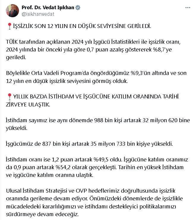 Bakan Işıkhan: Hedeflerimiz doğrultusunda işsizlik oranında gerileme devam ediyor