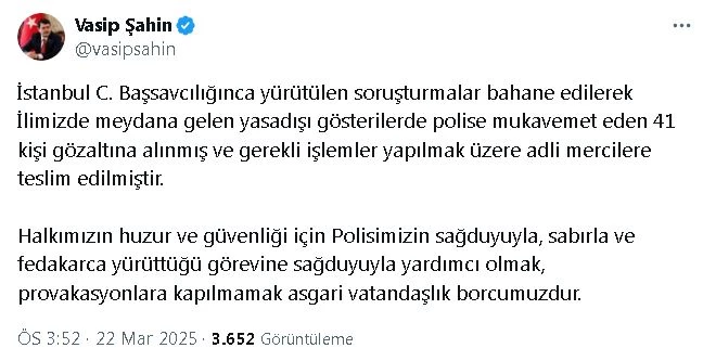 Ankara Valisi Şahin: Yasa dışı gösterilerde 41 kişi gözaltına alındı