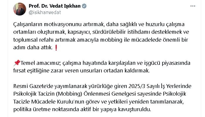 Bakan Işıkhan: Psikolojik Tacizle Mücadele Kurulu