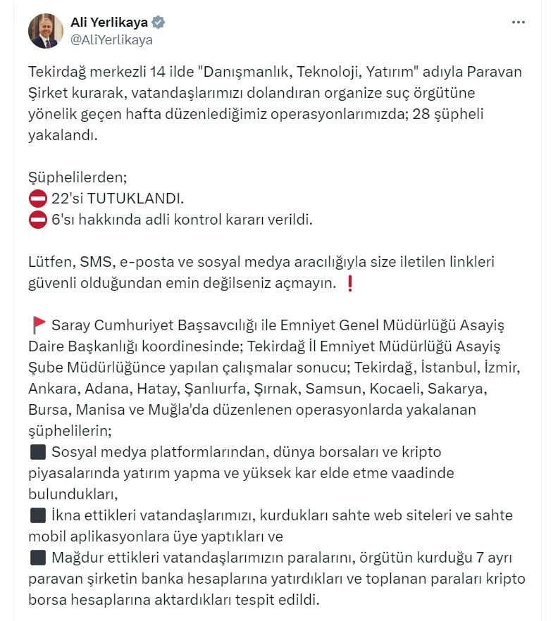 Tekirdağ merkezli 14 ilde organize suç örgütüne operasyon; 22 tutuklama