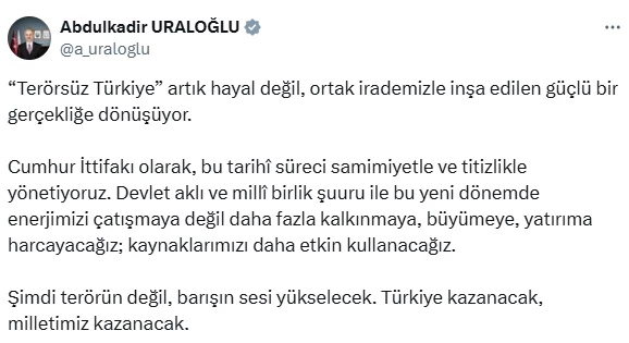 Bakan Uraloğlu: Şimdi terörün değil, barışın sesi yükselecek