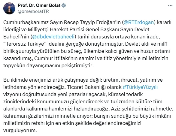 Bakan Bolat: Enerjimizi artık çatışmaya değil; üretim, ihracat, yatırım ve istihdama yönlendireceğiz