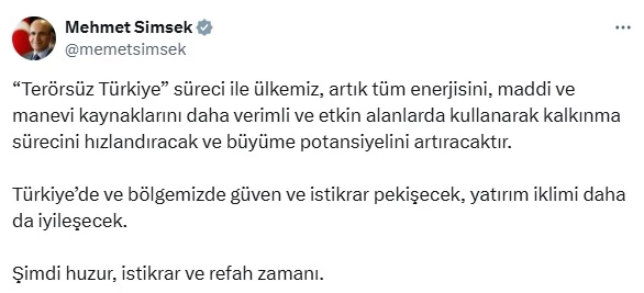 Bakan Şimşek: Şimdi huzur, istikrar ve refah zamanı 