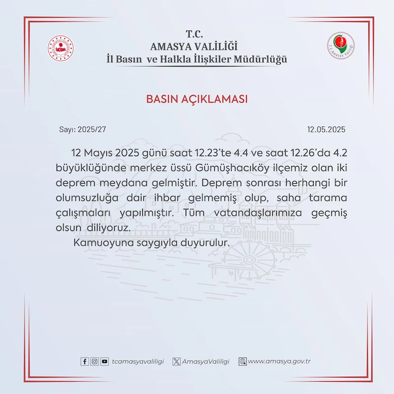 Amasya’da 3 dakika arayla 4.4 ve 4.2 büyüklüğünde 2 deprem (2)