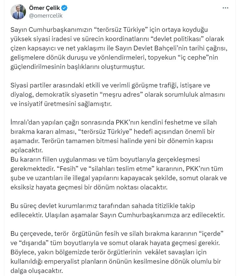 AK Parti Sözcüsü Çelik: Silah bırakma kararı 