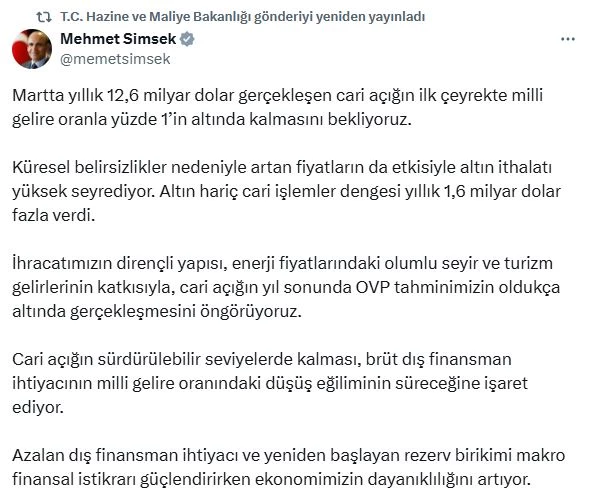 Bakan Şimşek: Cari açığı yıl sonunda OVP