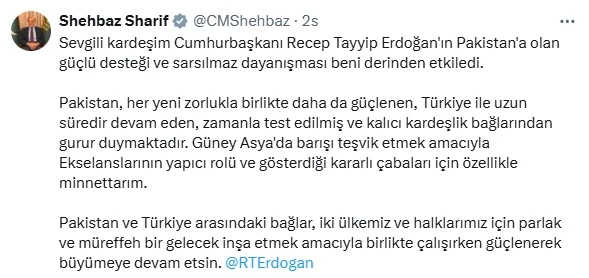 Pakistan Başbakanı Şerif: Türkiye ile devam eden kardeşlik bağlarından gurur duymaktayız
