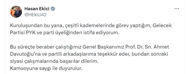 Konya Milletvekili Hasan Ekici, Gelecek Partisi