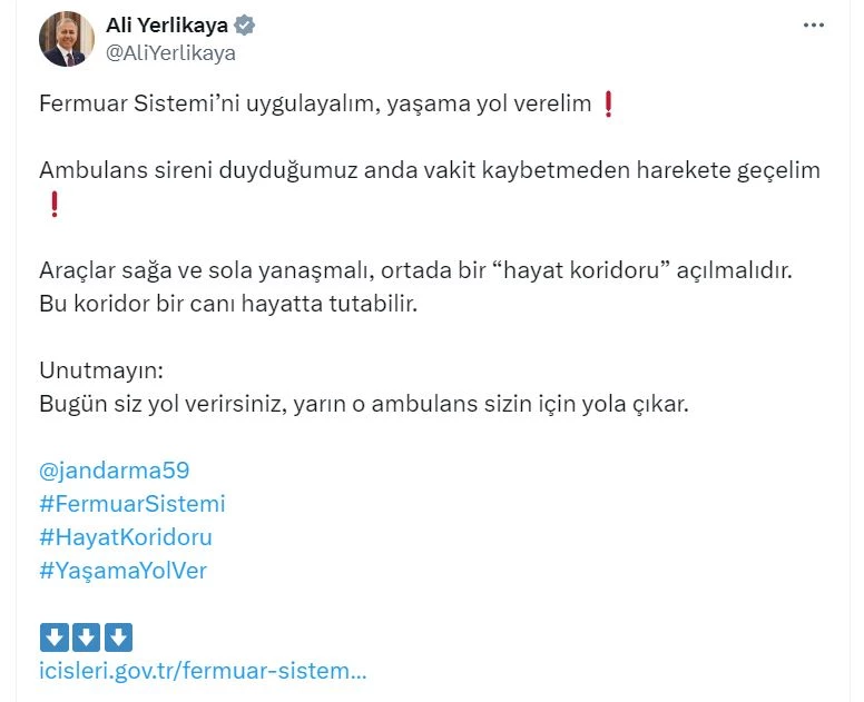 Bakan Yerlikaya: Fermuar sistemini uygulayalım, yaşama yol verelim