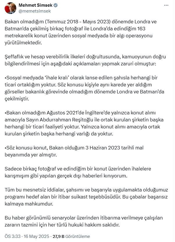 Bakan Şimşek: Hakkımdaki gerçek dışı haberleri kınıyorum