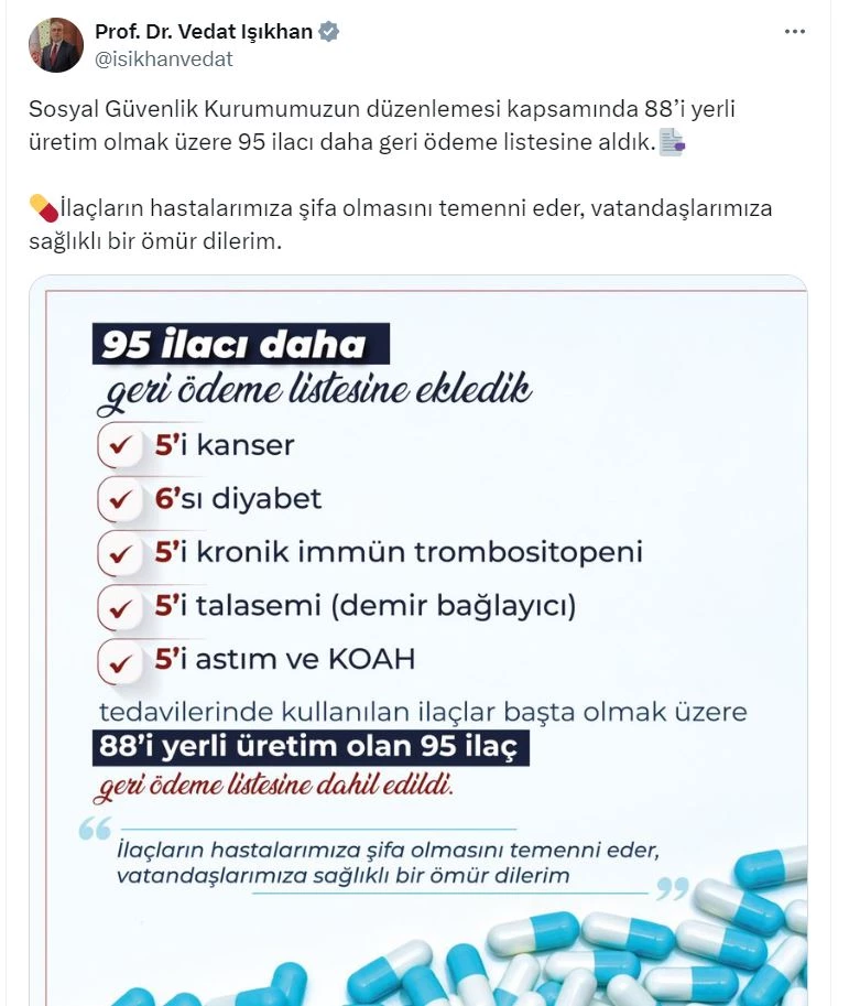 Bakan Işıkhan: 95 ilacı geri ödeme listesine aldık