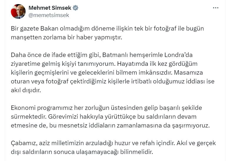 Bakan Şimşek’ten bir gazetede yer alan hakkındaki iddialara ilişkin açıklama