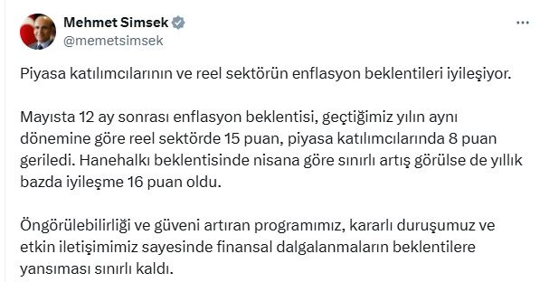 Bakan Şimşek: Reel sektörün enflasyon beklentileri iyileşiyor
