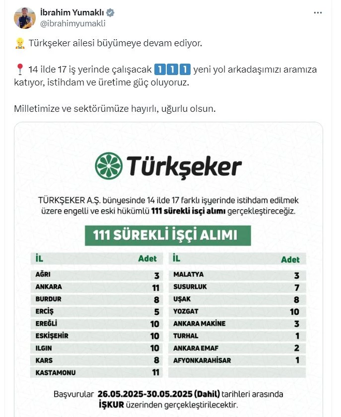 Bakan Yumaklı: Türkşeker, engelli ve eski hükümlü 111 işçi alacak