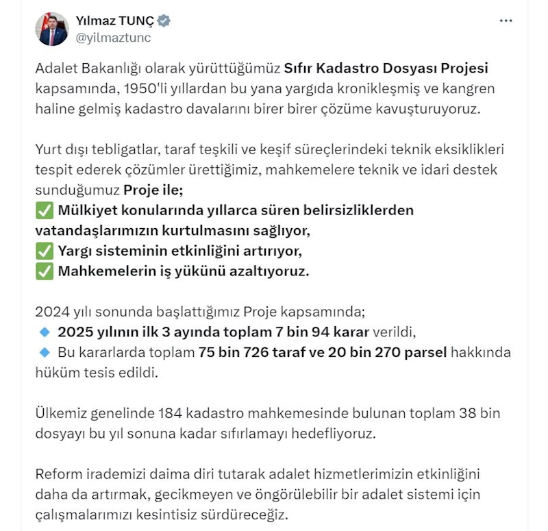 Bakan Tunç: Yıl sonuna kadar kadastro davalarını sıfırlamayı hedefliyoruz