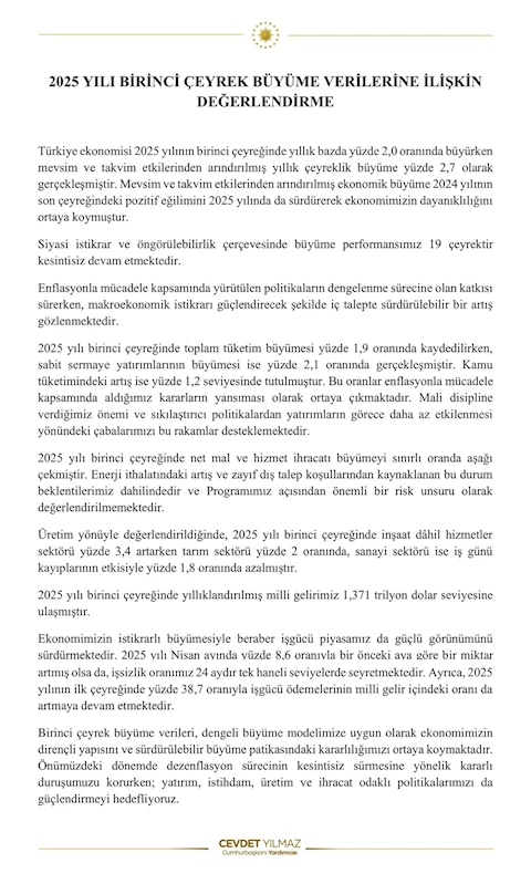 Cevdet Yılmaz: Büyüme verileri, büyüme patikasındaki kararlılığımızı ortaya koymaktadır