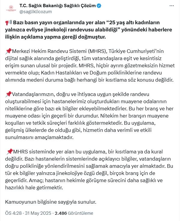Sağlık Bakanlığı: MHRS, medeni duruma göre kısıtlama içermiyor