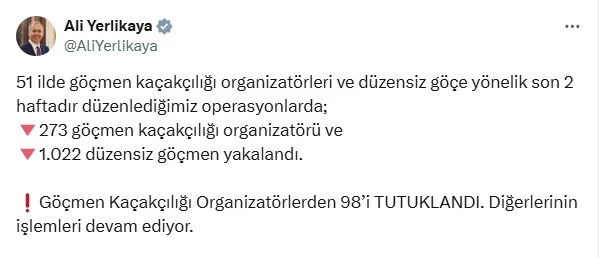 51 ilde operasyon; 98 göçmen kaçakçılığı organizatörü tutuklandı