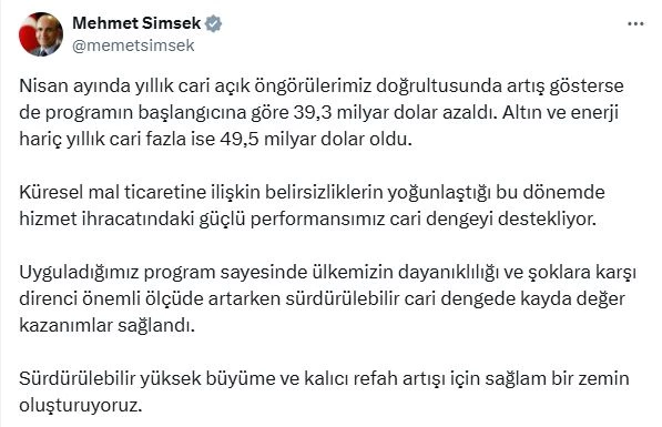 Bakan Şimşek: Hizmet ihracatındaki performansımız cari dengeyi destekliyor
