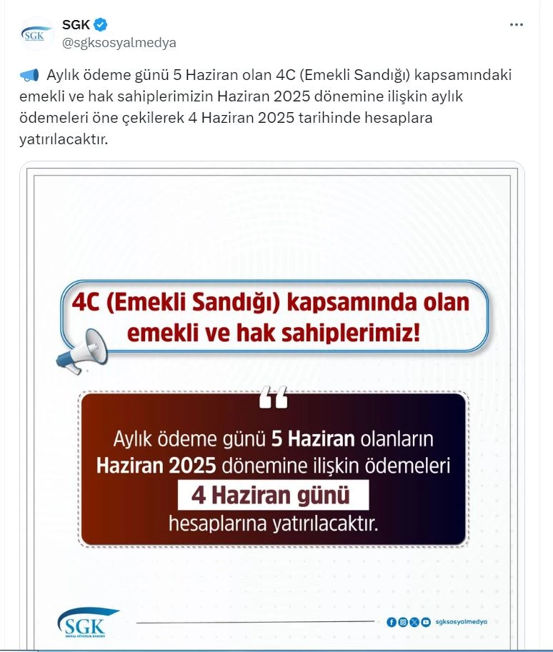 SGK: Emekli Sandığı aylık ödemeleri 4 Haziran